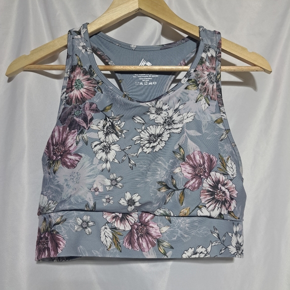 RBX Blue Floral High Neck Sports Bra Size Large - Picture 1 of 3